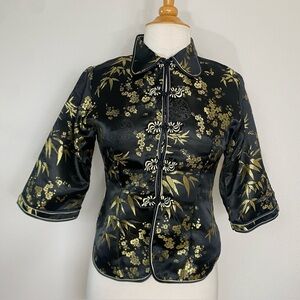 Style Collection Women's Black Gold Floral Traditional Asian Blouse Size Medium